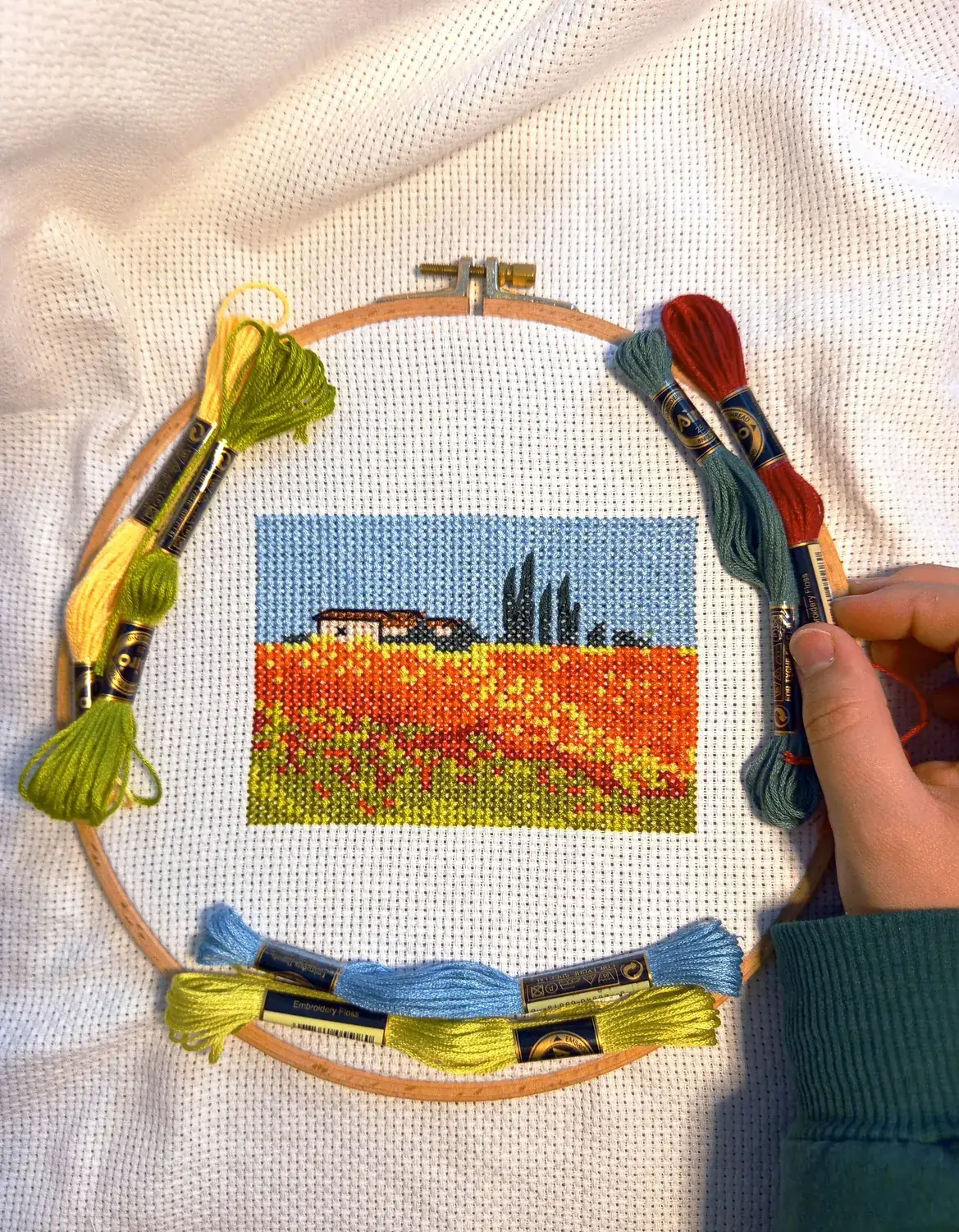 Hands holding a cross stitch landscape in progress, with skeins of floss tied to the hoop