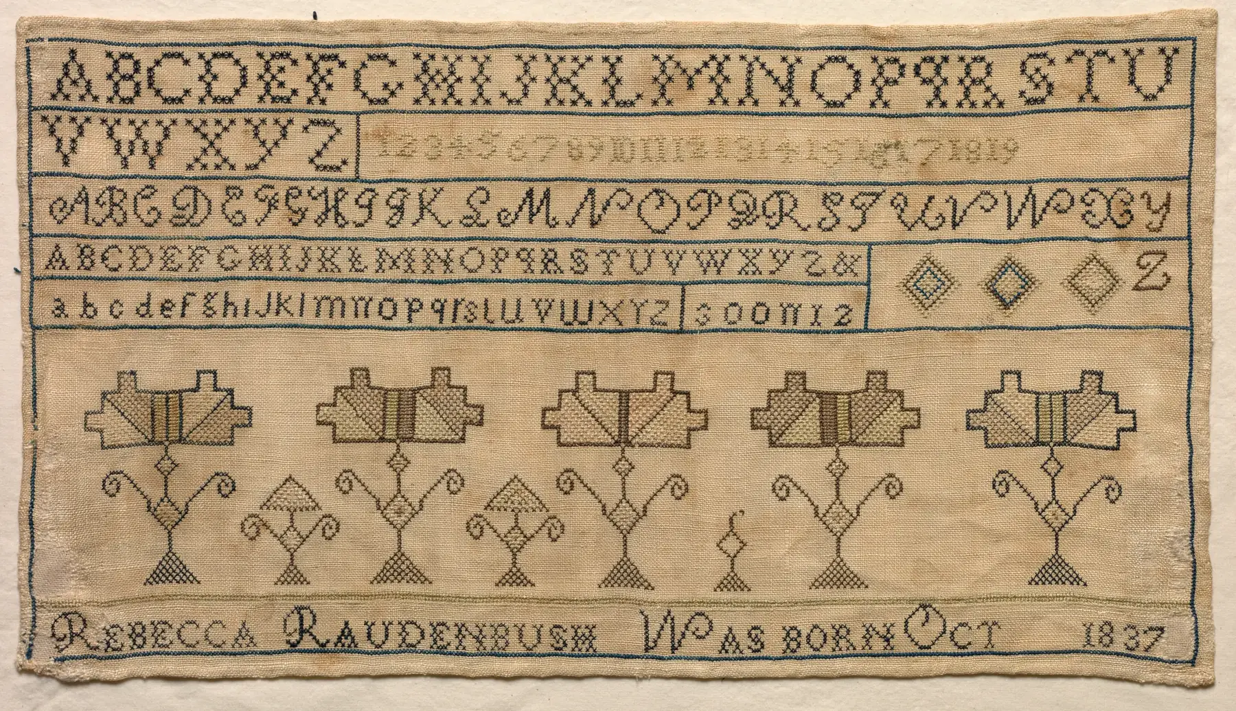 Sampler with alphabets and trees, America, 1837